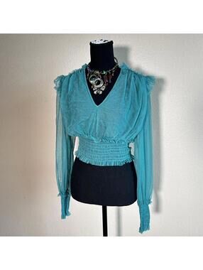 Free People Teal Sheer Mesh Smocked Waist Peasant Boho Romantic Top